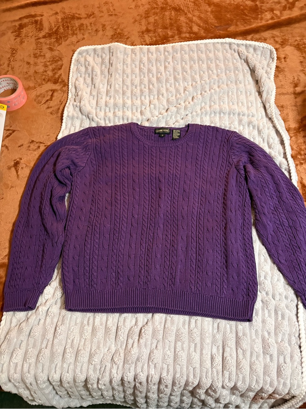 JEANNE PIERRE Purple Cable-Knit Crewneck Sweater